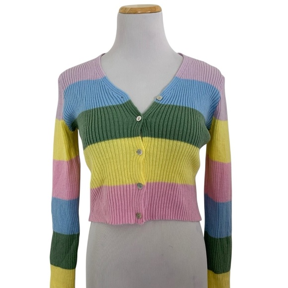 Rough Los Angeles Color Block Stripe Baby Cardigan Sweater Juniors S Ribbed - Picture 1 of 13